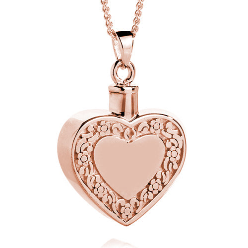 Floral Edged Heart Cremation Pendant Rose Gold