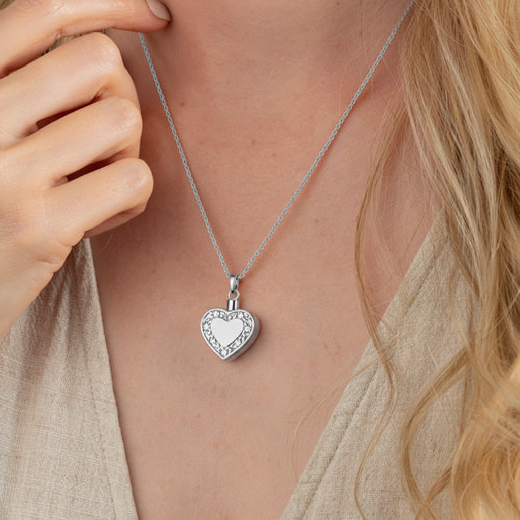 Floral Edged Heart Cremation Pendant (Sterling Silver)