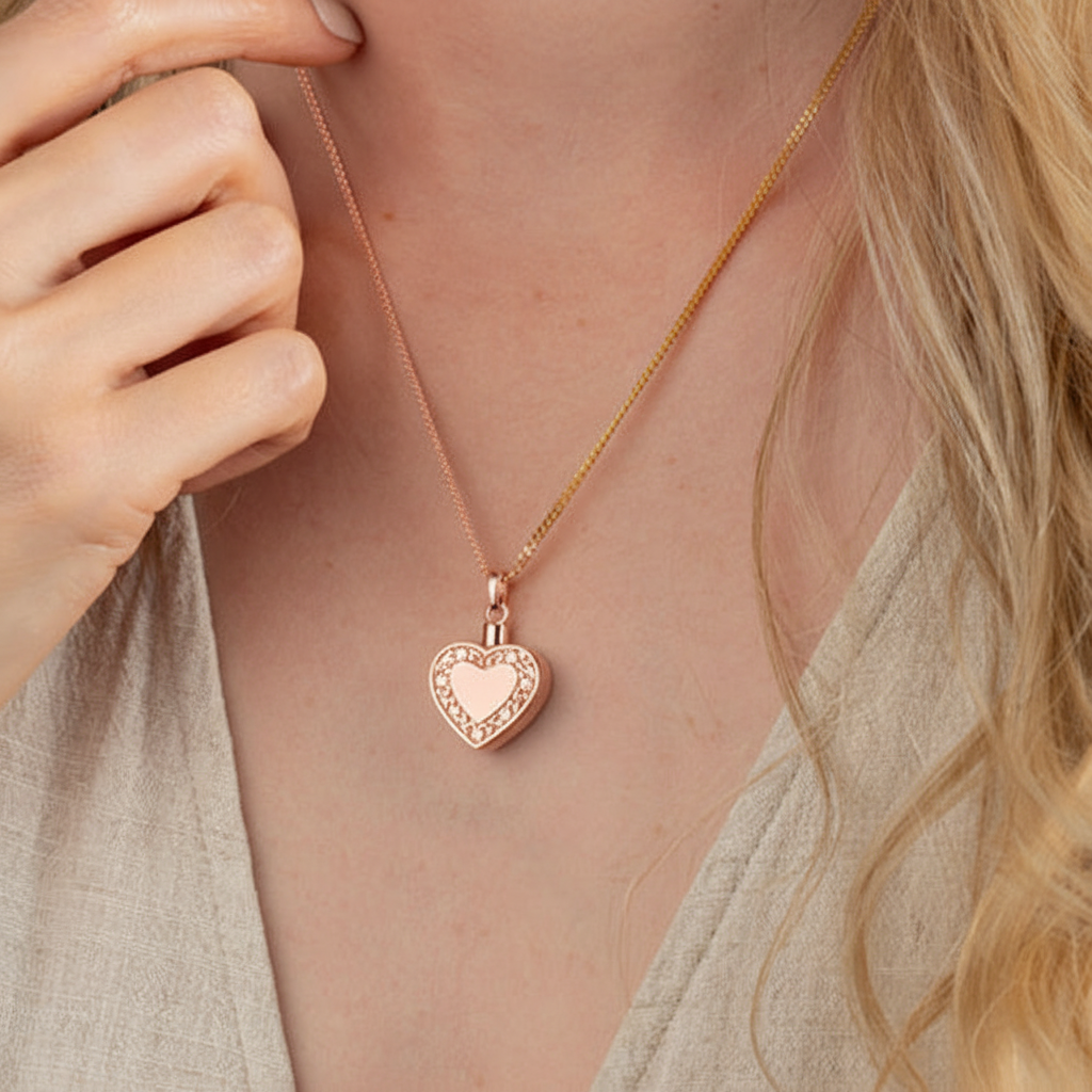 Floral Edged Heart Cremation Pendant (Rose Gold Vermeil)