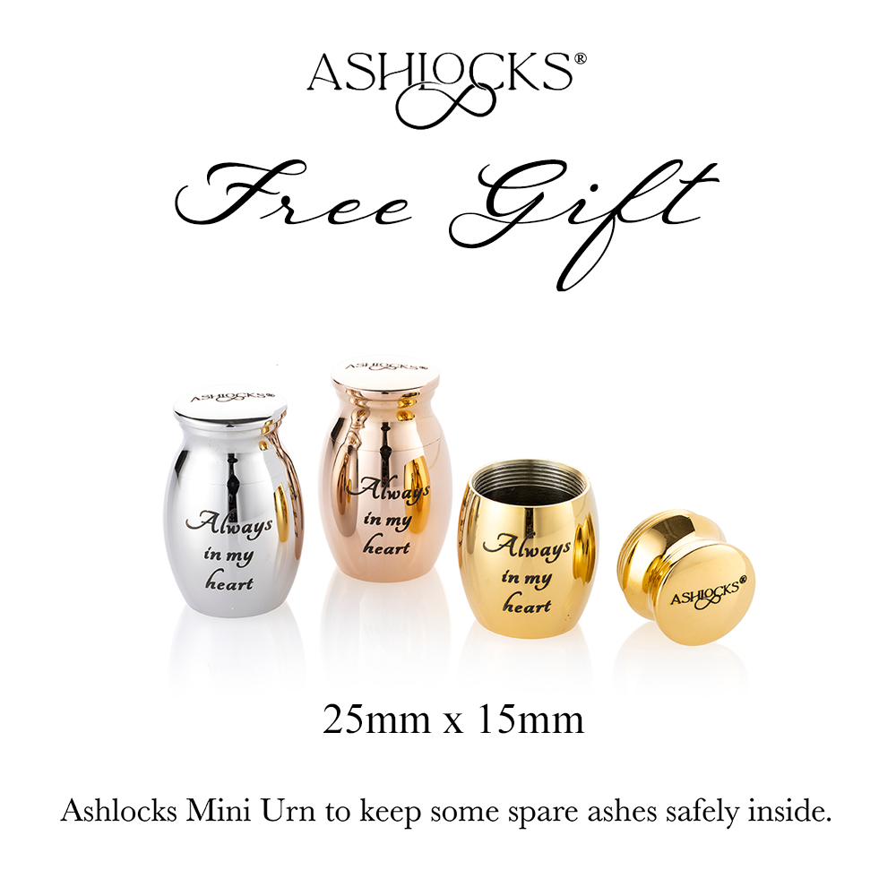 Ashlocks free gift set featuring four mini urns in silver, rose gold, and gold finishes, with one open urn and its lid placed beside it. The urns are printed with the words &