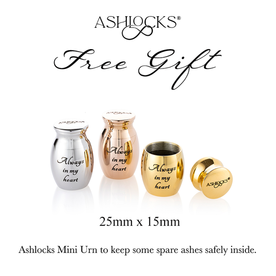 Ashlocks free gift set featuring four mini urns in silver, rose gold, and gold finishes, with one open urn showing the interior. The image includes promotional text reading &