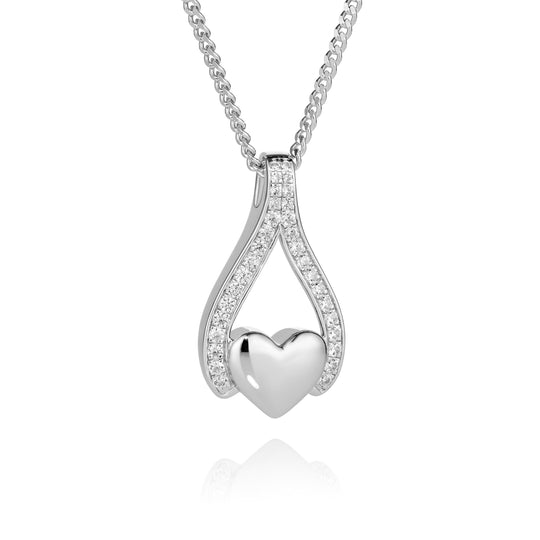 Silver heart-shaped pendant on a chain against a white background