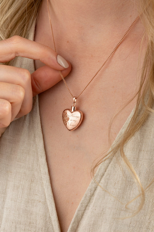 Always in My Heart (with scroll pattern) Ashes Pendant (Rose Gold Vermeil)
