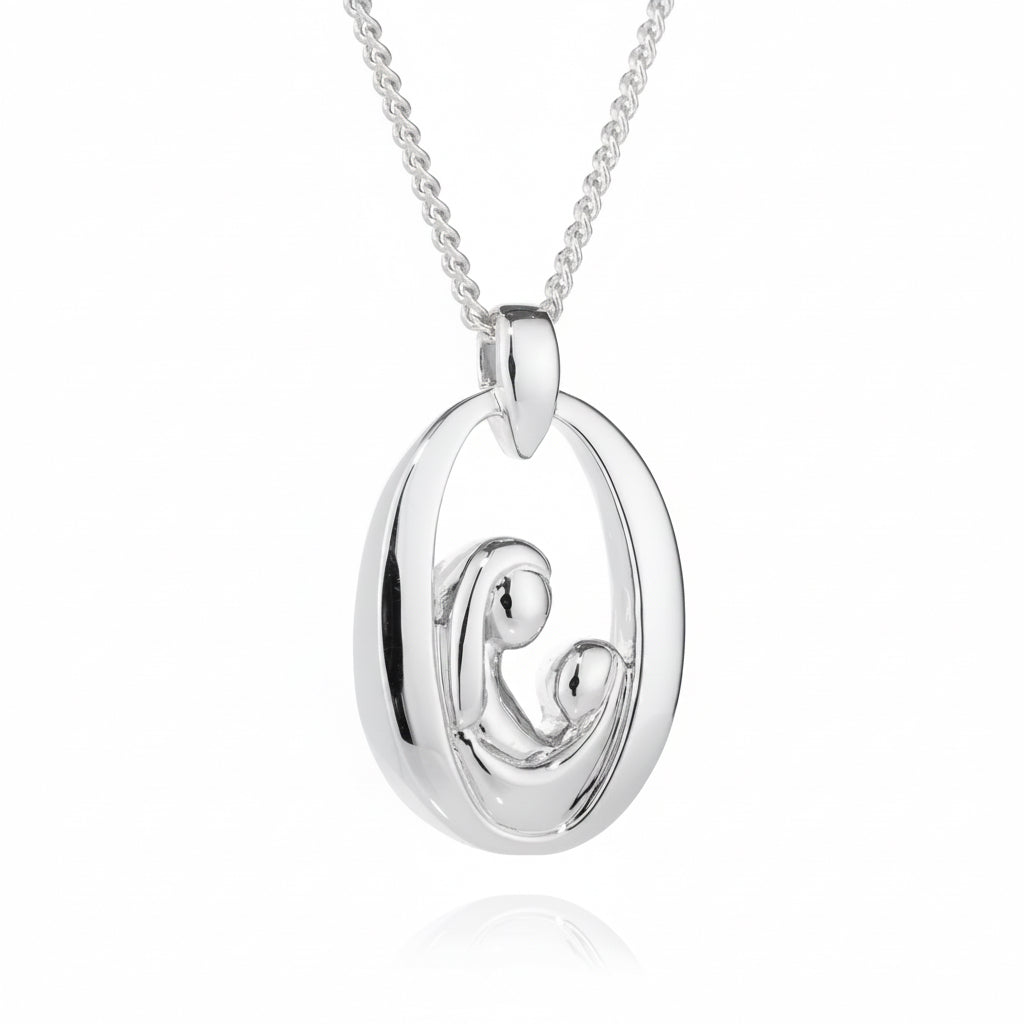 Silver necklace with a circular pendant on a white background