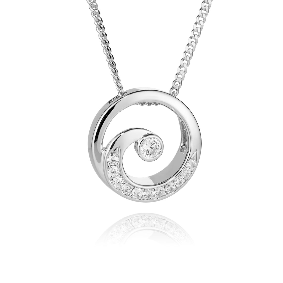 Silver spiral pendant necklace on a white background