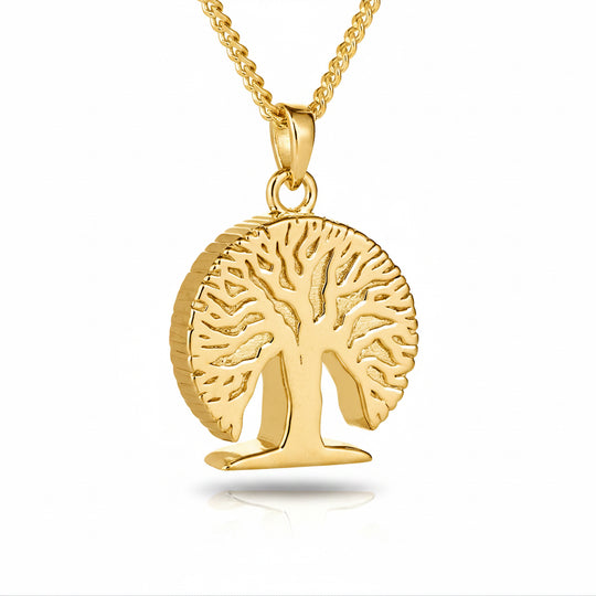 gold tree-shaped pendant on a chain against a white background