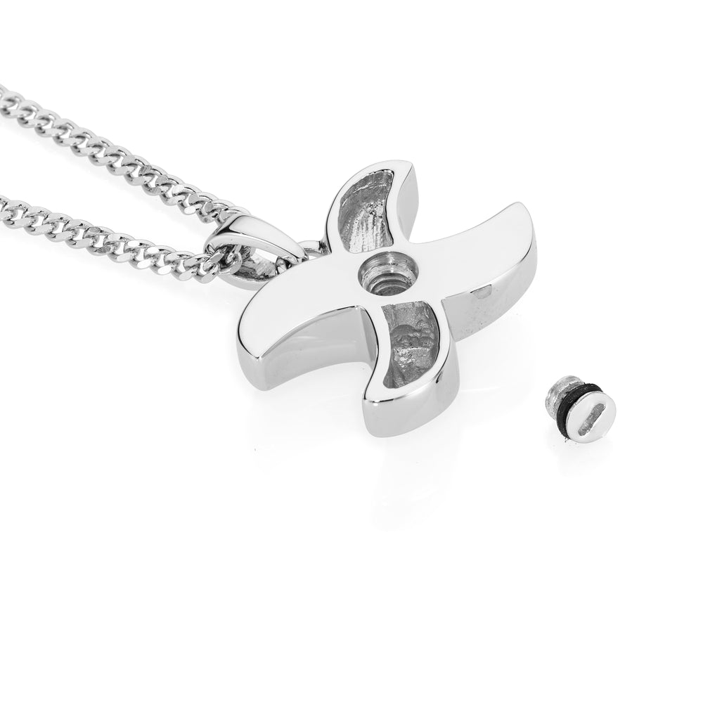 A silver-toned metal cremation urn necklace  displayed on a clean white background.
