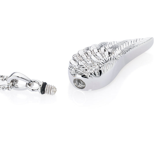 A silver-toned metal cremation urn pendant shaped like a stylized wing with a textured surface, shown alongside its chain and threaded clasp on a clean white background.