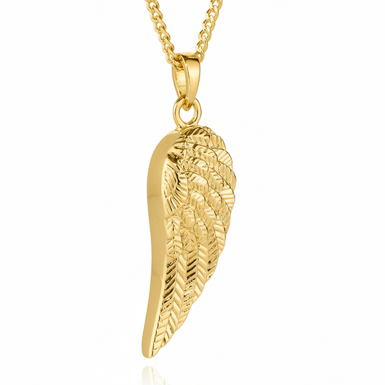 Gold angel wing pendant on a white background
