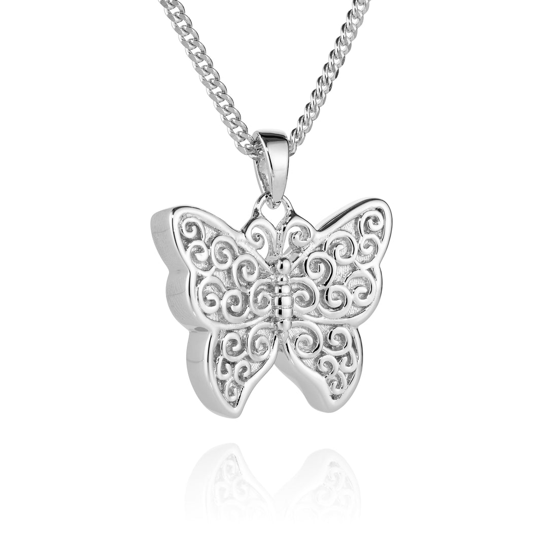 A silver butterfly pendant necklace with intricate filigree detailing, suspended from a matching silver box chain against a clean white background.