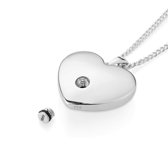 Silver heart-shaped pendant with a chain on a white background
