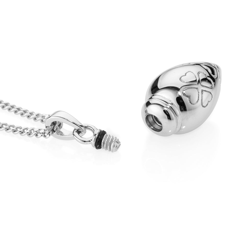 Silver pendant with chain on a white background