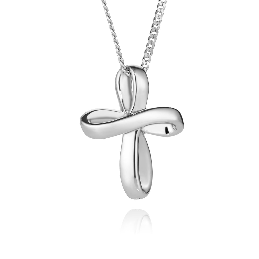 a silver cross on matching chain hanging on a white background.
