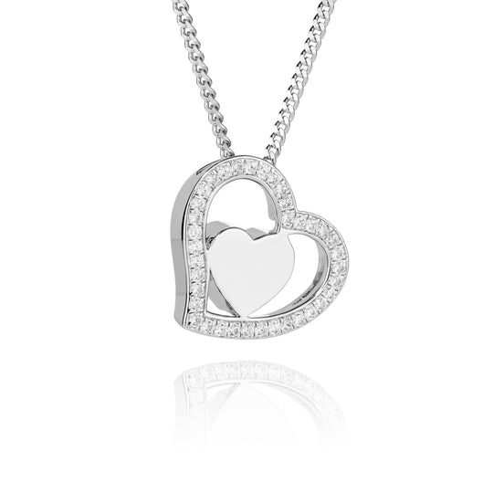 Silver heart-shaped pendant necklace on a white background
