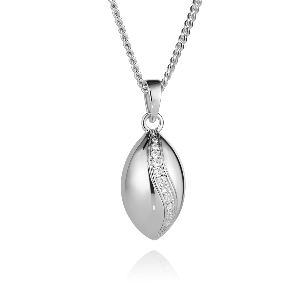 Silver pendant necklace with a chain on a white background