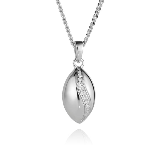 Silver pendant necklace with a chain on a white background