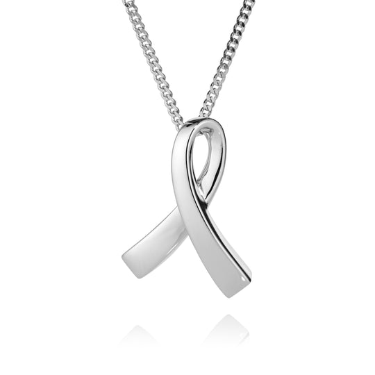 Silver ribbon pendant necklace on a white background