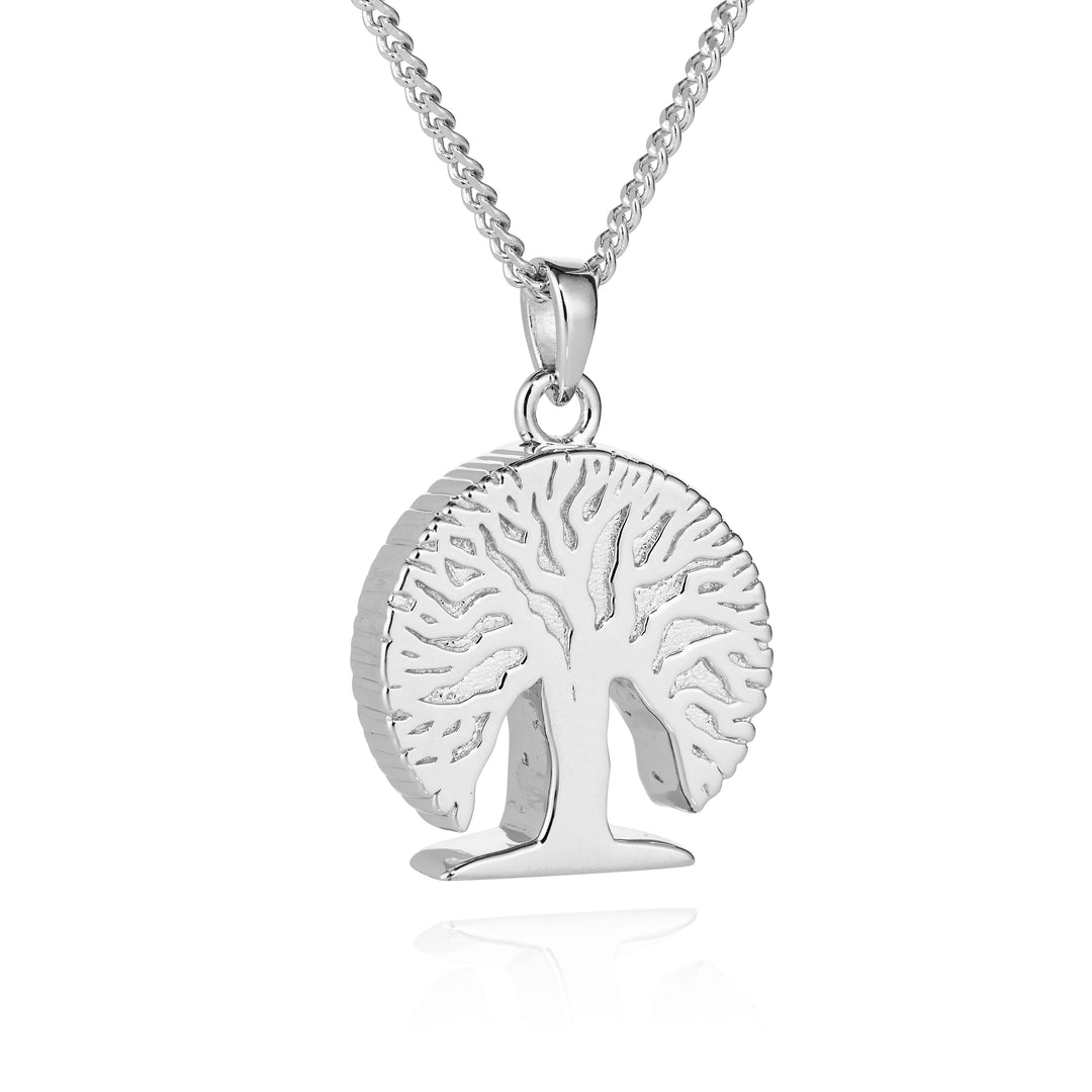 Silver tree-shaped pendant on a chain against a white background