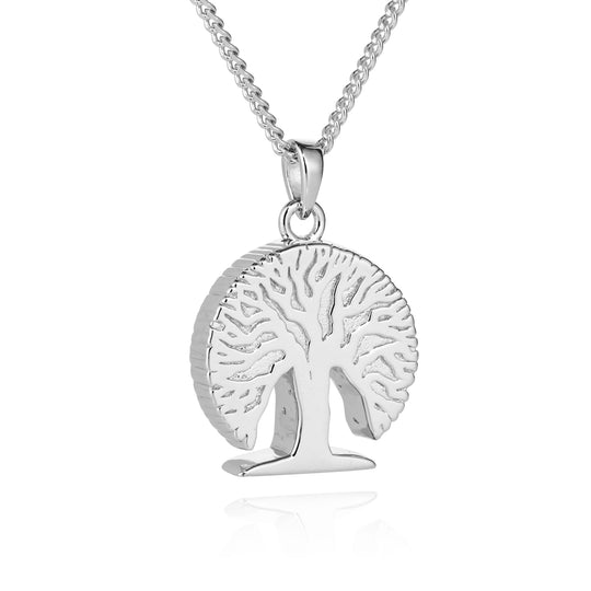 Silver tree-shaped pendant on a chain against a white background
