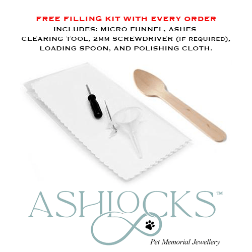 Image showing free included filling kit. Small screwdriver, polishing cloth, micro funnel, and wood spoon to help insert ashes.