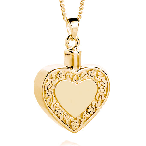 Floral Edged Heart Cremation Pendant Gold