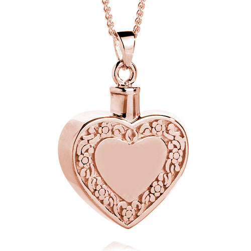 Floral Edged Heart Cremation Pendant Rose Gold