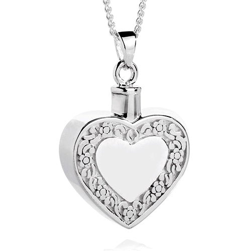 Floral Edged Heart Cremation Pendant (Sterling Silver)
