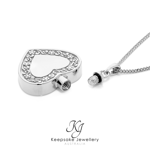 Floral Edged Heart Cremation Pendant SS open