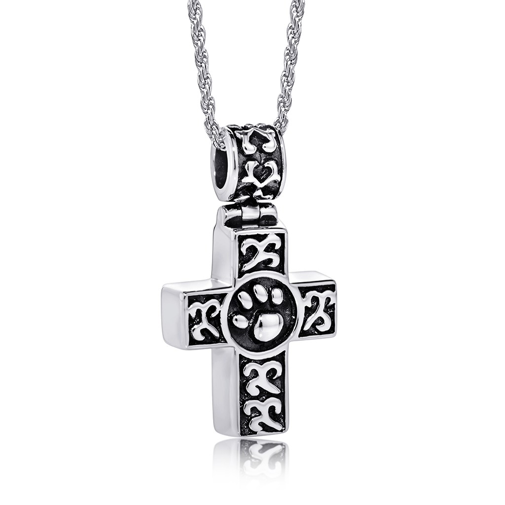 Photo of antiqued silver paw cross hanging on a twist rope chain (optional).