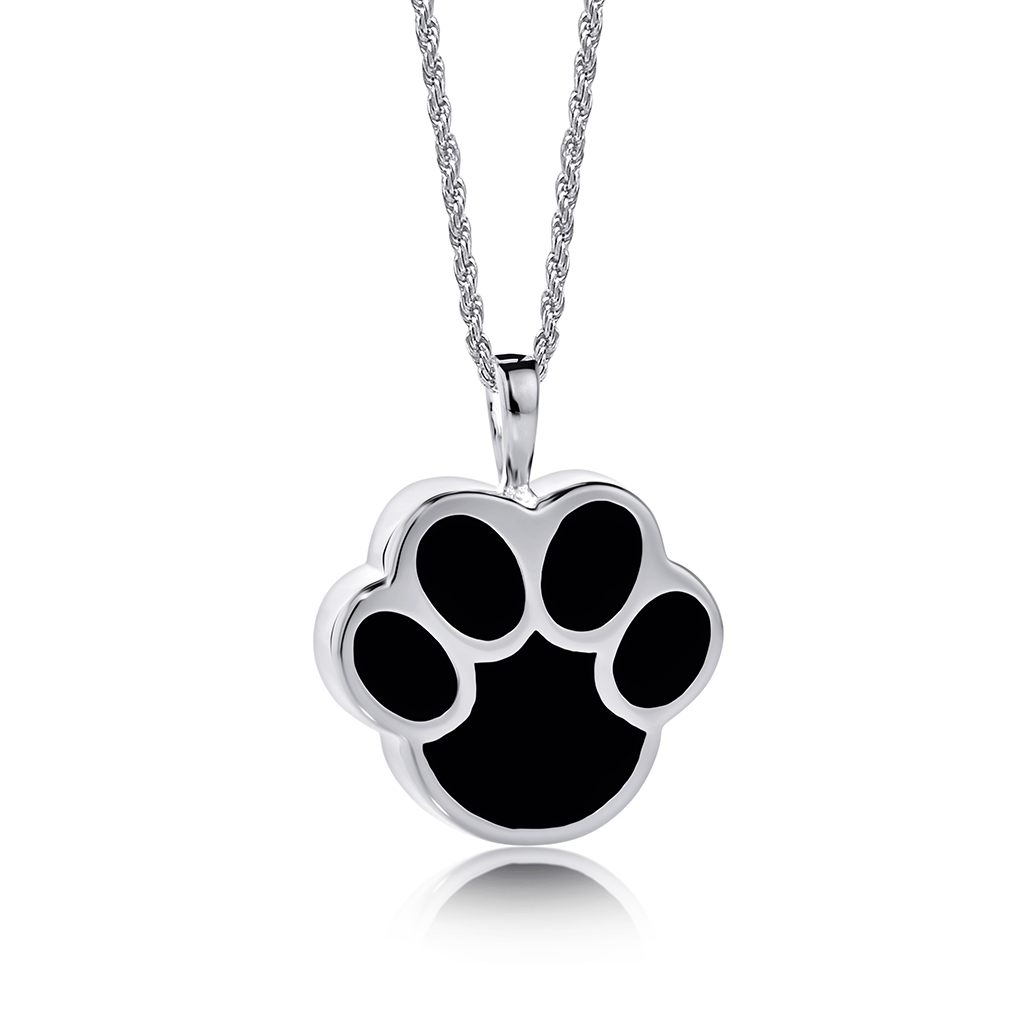 Photo showing black paw print in silver hanging on twist rope chain.