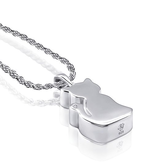 Photo of silver lap cat necklace lying down. Hallmark stamp on display.