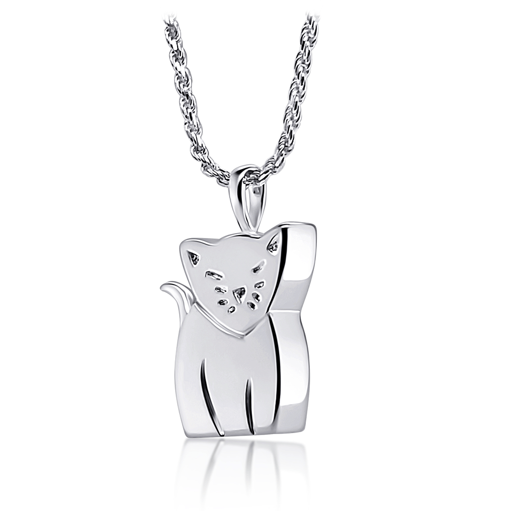 Photo of sterling silver cat ashes pendant hanging on a silver twist rope chain