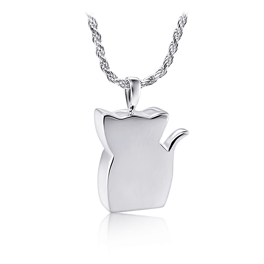 Photo of the reverse side of the silver cat pendant showing a plain back able to be engraved and personalised.