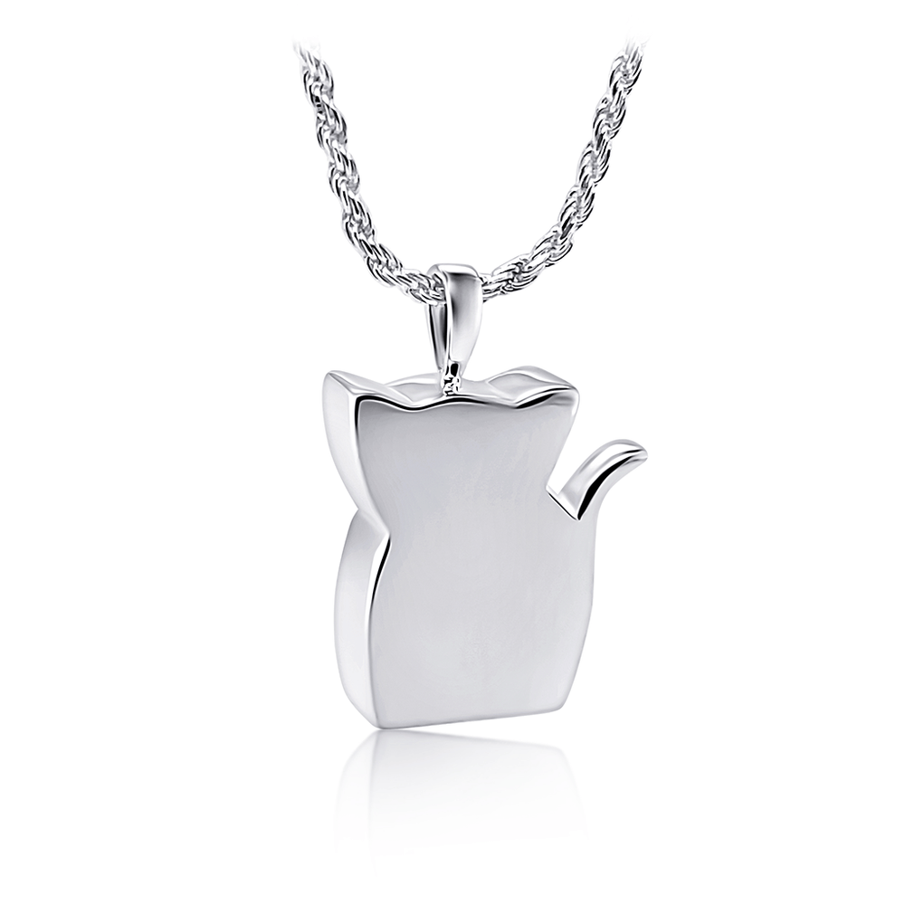 Photo of the reverse side of the silver cat pendant showing a plain back able to be engraved and personalised.