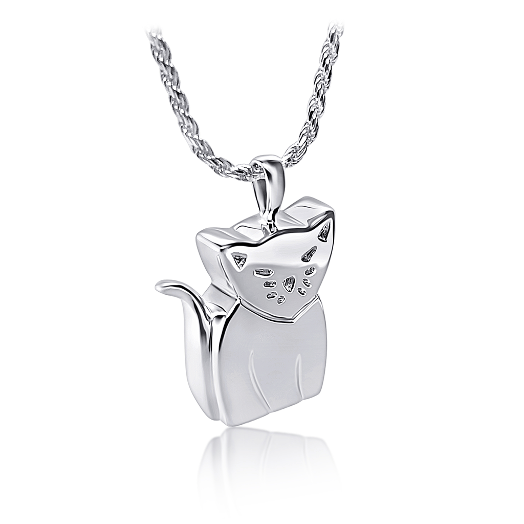 Photo of silver cat design pendant on chain.