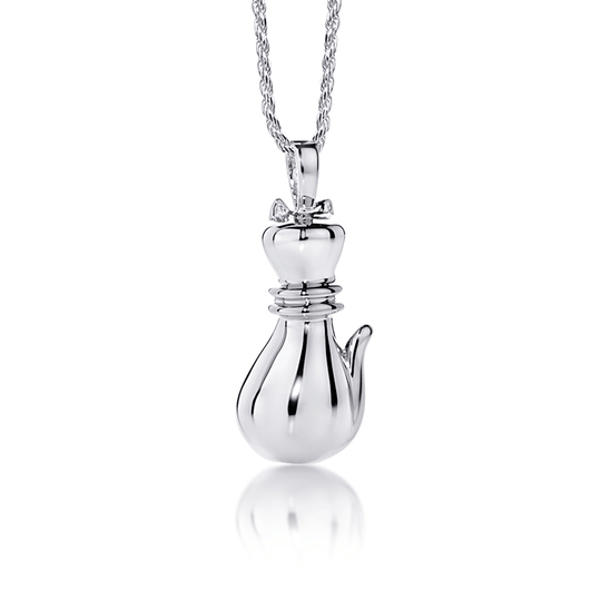 Photo of elegant Cat Pet Ashes pendant in sterling silver, hanging on a French Twist rope chain.