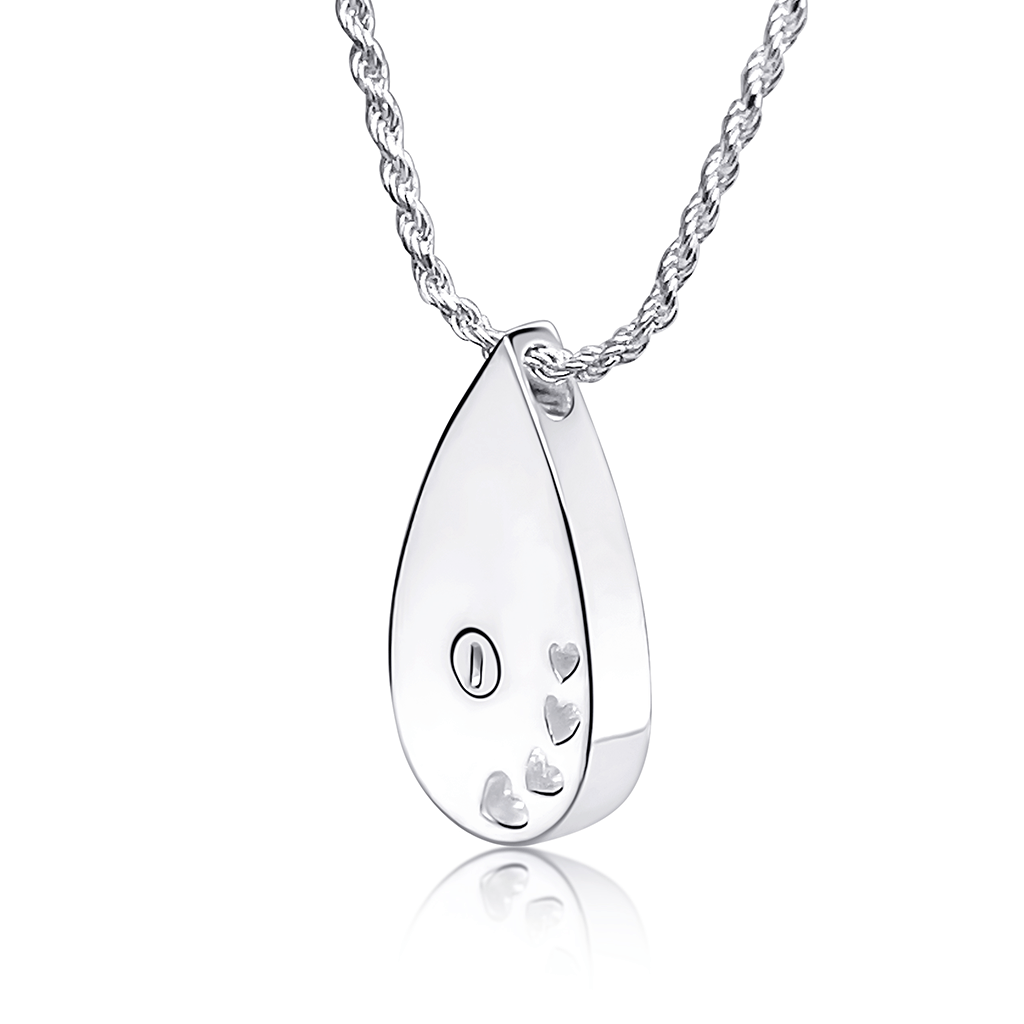 Photo showing the back of the Tears of Love memorial pendant. Screw port is open to indicate where your pets ashes are filled.